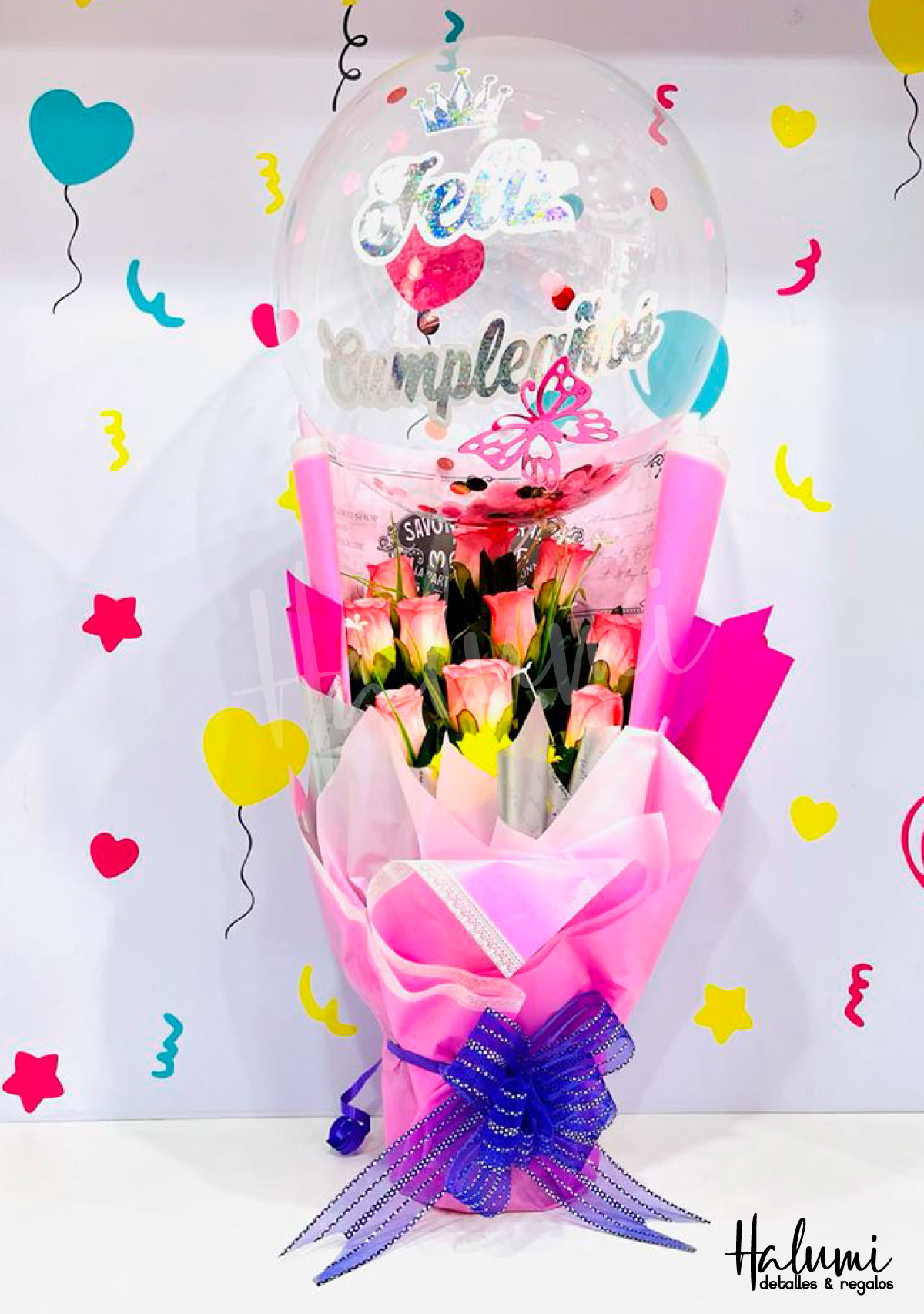Ramo Rosas Rosadas Globo Burbuja